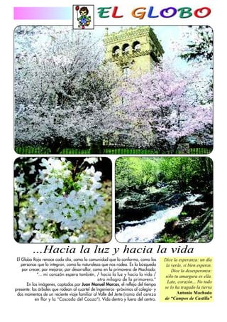 ...Hacia la luz y hacia la vida
 El Globo Rojo renace cada día, como la comunidad que lo conforma, como las         Dice la esperanza: un día
    personas que lo integran, como la naturaleza que nos rodea. Es la búsqueda       la verás, si bien esperas.
    por crecer, por mejorar, por desarrollar, como en la primavera de Machado:          Dice la desesperanza:
             “... mi corazón espera también, / hacia la luz y hacia la vida /       sólo tu amargura es ella.
                                                otro milagro de la primavera.”
                                                                                      Late, corazón... No todo
       En las imágenes, captadas por Juan Manuel Marcos, el reflejo del tiempo
presente: los árboles que rodean al cuartel de Ingenieros -próximos al colegio- y   se lo ha tragado la tierra
 dos momentos de un reciente viaje familiar al Valle del Jerte (rama del cerezo            Antonio Machado
            en flor y la “Cascada del Caozo”). Vida dentro y fuera del centro.      de “Campos de Castilla”
 