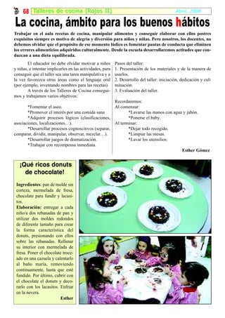 68 Tal ler es de cocina (Rojos II)                                                      Abril, 2008

La cocina, ámbito para los buenos h ábitos
Trabajar en el aula recetas de cocina, manipular alimentos y conseguir elaborar con ellos postres
exquisitos siempre es motivo de alegría y diversión para niños y niñas. Pero nosotros, los docentes, no
debemos olvidar que el propósito de ese momento lúdico es fomentar pautas de conducta que eliminen
los errores alimenticios adquiridos culturalmente. Desde la escuela desarrollaremos actitudes que con-
duzcan a una dieta equilibrada.
        El educador no debe olvidar motivar a niños        Pasos del taller:
y niñas, e intentar implicarles en las actividades, para   1. Presentación de los materiales y de la manera de
conseguir que el taller sea una tarea manipulativa y a     usarlos.
la vez favorezca otras áreas como el lenguaje oral         2. Desarrollo del taller: iniciación, dedicación y cul-
(por ejemplo, inventando nombres para las recetas).        minación.
        A través de los Talleres de Cocina consegui-       3. Evaluación del taller.
mos y trabajamos varios objetivos:
                                                     Recordaremos:
       *Fomentar el aseo.                            Al comenzar:
       *Promover el interés por una comida sana             *Lavarse las manos con agua y jabón.
       *Adquirir procesos lógicos (clasificaciones,         *Ponerse el baby.
asociaciones, localizaciones…).                      Al terminar:
       *Desarrollar procesos cognoscitivos (separar,        *Dejar todo recogido.
comparar, dividir, manipular, observar, mezclar…).          *Limpiar las mesas.
       *Desarrollar juegos de dramatización.                *Lavar los utensilios.
       *Trabajar con recompensa inmediata.
                                                                                       Esther Gómez


   ¡Qué ricos donuts
     de chocolate!
 Ingredientes: pan de molde sin
 corteza, mermelada de fresa,
 chocolate para fundir y lacasi-
 tos.
 Elaboración: entregar a cada
 niño/a dos rebanadas de pan y
 utilizar dos moldes redondos
 de diferente tamaño para crear
 la forma característica del
 donuts, presionando con ellos
 sobre las rebanadas. Rellenar
 su interior con mermelada de
 fresa. Poner el chocolate troce-
 ado en una cazuela y calentarlo
 al baño maría, removiendo
 continuamente, hasta que esté
 fundido. Por último, cubrir con
 el chocolate el donuts y deco-
 rarlo con los lacasitos. Enfriar
 en la nevera.
                          Esther
 