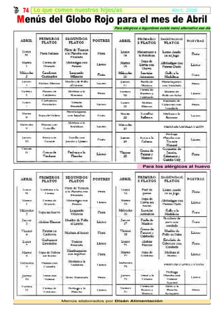 74 Lo que comen nuestr os hijos/as                                 Abril, 2008

M enús del Globo Rojo para el mes de Abril
                                  Para alérgicos a legumbres existe menú alternativo ese día




                                                   Para los alérgicos al huevo




              Menús elaborados por Disán Alimentación
 