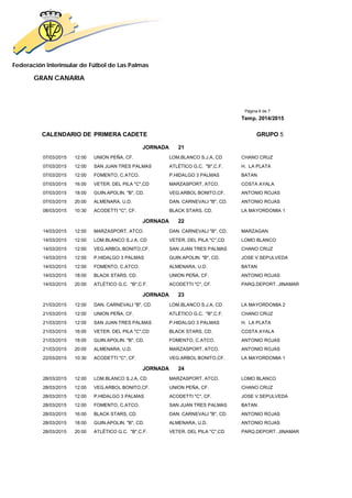 Federación Interinsular de Fútbol de Las Palmas 
GRAN CANARIA 
Página 6 de 7 
Temp. 2014/2015 
CALENDARIO DE PRIMERA CADETE GRUPO 5 
JORNADA 21 
07/03/2015 12:00 UNION PEÑA, CF. LOM.BLANCO S.J.A, CD CHANO CRUZ 
07/03/2015 12:00 SAN JUAN TRES PALMAS ATLÉTICO G.C. "B",C.F. H. LA PLATA 
07/03/2015 12:00 FOMENTO, C.ATCO. P.HIDALGO 3 PALMAS BATAN 
07/03/2015 16:00 VETER. DEL PILA "C",CD MARZASPORT, ATCO. COSTA AYALA 
07/03/2015 18:00 GUIN.APOLIN. "B", CD. VEG.ARBOL BONITO,CF. ANTONIO ROJAS 
07/03/2015 20:00 ALMENARA, U.D. DAN. CARNEVALI "B", CD. ANTONIO ROJAS 
08/03/2015 10:30 ACODETTI "C", CF. BLACK STARS, CD. LA MAYORDOMIA 1 
JORNADA 22 
14/03/2015 12:00 MARZASPORT, ATCO. DAN. CARNEVALI "B", CD. MARZAGAN 
14/03/2015 12:00 LOM.BLANCO S.J.A, CD VETER. DEL PILA "C",CD LOMO BLANCO 
14/03/2015 12:00 VEG.ARBOL BONITO,CF. SAN JUAN TRES PALMAS CHANO CRUZ 
14/03/2015 12:00 P.HIDALGO 3 PALMAS GUIN.APOLIN. "B", CD. JOSE V.SEPULVEDA 
14/03/2015 12:00 FOMENTO, C.ATCO. ALMENARA, U.D. BATAN 
14/03/2015 18:00 BLACK STARS, CD. UNION PEÑA, CF. ANTONIO ROJAS 
14/03/2015 20:00 ATLÉTICO G.C. "B",C.F. ACODETTI "C", CF. PARQ.DEPORT. JINAMAR 
JORNADA 23 
21/03/2015 12:00 DAN. CARNEVALI "B", CD. LOM.BLANCO S.J.A, CD LA MAYORDOMIA 2 
21/03/2015 12:00 UNION PEÑA, CF. ATLÉTICO G.C. "B",C.F. CHANO CRUZ 
21/03/2015 12:00 SAN JUAN TRES PALMAS P.HIDALGO 3 PALMAS H. LA PLATA 
21/03/2015 16:00 VETER. DEL PILA "C",CD BLACK STARS, CD. COSTA AYALA 
21/03/2015 18:00 GUIN.APOLIN. "B", CD. FOMENTO, C.ATCO. ANTONIO ROJAS 
21/03/2015 20:00 ALMENARA, U.D. MARZASPORT, ATCO. ANTONIO ROJAS 
22/03/2015 10:30 ACODETTI "C", CF. VEG.ARBOL BONITO,CF. LA MAYORDOMIA 1 
JORNADA 24 
28/03/2015 12:00 LOM.BLANCO S.J.A, CD MARZASPORT, ATCO. LOMO BLANCO 
28/03/2015 12:00 VEG.ARBOL BONITO,CF. UNION PEÑA, CF. CHANO CRUZ 
28/03/2015 12:00 P.HIDALGO 3 PALMAS ACODETTI "C", CF. JOSE V.SEPULVEDA 
28/03/2015 12:00 FOMENTO, C.ATCO. SAN JUAN TRES PALMAS BATAN 
28/03/2015 16:00 BLACK STARS, CD. DAN. CARNEVALI "B", CD. ANTONIO ROJAS 
28/03/2015 18:00 GUIN.APOLIN. "B", CD. ALMENARA, U.D. ANTONIO ROJAS 
28/03/2015 20:00 ATLÉTICO G.C. "B",C.F. VETER. DEL PILA "C",CD PARQ.DEPORT. JINAMAR 
 