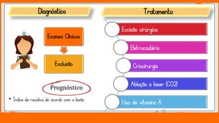 Jens Martensson
Diagnóstico
Exames Clínicos
Exclusão
Tratamento
Excisão cirúrgica
Eletrocautério
Criocirurgia
Ablação a laser (CO2)
Uso de vitamina A• Índice de recidiva de acordo com a lesão
Prognóstico
 