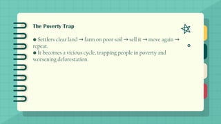 The Poverty Trap
• Settlers clear land farm on poor soil sell it move again
→ → → →
repeat.
• It becomes a vicious cycle, trapping people in poverty and
worsening deforestation.
 