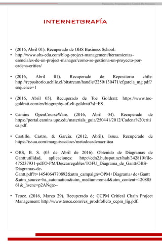 INTERNETGRAFÍA
• (2016, Abril 01). Recuperado de OBS Business School:
• http://www.obs-edu.com/blog-project-management/herramientas-
esenciales-de-un-project-manager/como-se-gestiona-un-proyecto-por-
cadena-critica/
• (2016, Abril 01). Recuperado de Repositorio chile:
http://repositorio.uchile.cl/bitstream/handle/2250/130471/cfgarcia_mg.pdf?
sequence=1
• (2016, Abril 05). Recuperado de Toc Goldratt: https://www.toc-
goldratt.com/en/biography-of-eli-goldratt?sl=ES
• Camins OpenCourseWare. (2016, Abril 04). Recuperado de
https://portal.camins.upc.edu/materials_guia/250441/2012/Cadena%20criti
ca.pdf.
• Castillo, Castro, & Garcia. (2012, Abril). Issuu. Recuperado de
https://issuu.com/marguisss/docs/metodocadenacritica
• OBS, B. S. (03 de Abril de 2016). Obtenido de Diagramas de
Gantt:utilidad, aplicaciones: http://cdn2.hubspot.net/hub/342810/file-
475237931-pdf/O-PM/Descarregables/TOFU_Diagrama_de_Gantt/OBS-
Diagramas-de-
Gantt.pdf?t=1454064770892&utm_campaign=OPM+Diagrama+de+Gantt
&utm_source=hs_automation&utm_medium=email&utm_content=120885
61&_hsenc=p2ANqtz--
• Teoce. (2016, Marzo 29). Recuperado de CCPM Critical Chain Project
Management: http://www.teoce.com/rcs_prod/folleto_ccpm_lig.pdf.
Planeación, Programación y Control De Proyectos
 