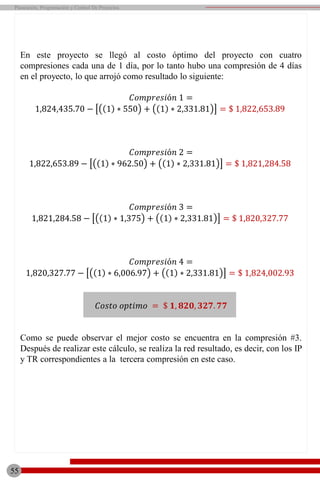 En este proyecto se llegó al costo óptimo del proyecto con cuatro
compresiones cada una de 1 día, por lo tanto hubo una compresión de 4 días
en el proyecto, lo que arrojó como resultado lo siguiente:
𝐶𝑜𝑚𝑝𝑟𝑒𝑠𝑖ó𝑛 1 =
1,824,435.70 − 1 ∗ 550 + 1 ∗ 2,331.81 = $ 1,822,653.89
𝐶𝑜𝑚𝑝𝑟𝑒𝑠𝑖ó𝑛 2 =
1,822,653.89 − 1 ∗ 962.50 + 1 ∗ 2,331.81 = $ 1,821,284.58
𝐶𝑜𝑚𝑝𝑟𝑒𝑠𝑖ó𝑛 3 =
1,821,284.58 − 1 ∗ 1,375 + 1 ∗ 2,331.81 = $ 1,820,327.77
𝐶𝑜𝑚𝑝𝑟𝑒𝑠𝑖ó𝑛 4 =
1,820,327.77 − 1 ∗ 6,006.97 + 1 ∗ 2,331.81 = $ 1,824,002.93
𝐶𝑜𝑠𝑡𝑜 𝑜𝑝𝑡𝑖𝑚𝑜 = $ 𝟏, 𝟖𝟐𝟎, 𝟑𝟐𝟕. 𝟕𝟕
Como se puede observar el mejor costo se encuentra en la compresión #3.
Después de realizar este cálculo, se realiza la red resultado, es decir, con los IP
y TR correspondientes a la tercera compresión en este caso.
Planeación, Programación y Control De Proyectos
55
 