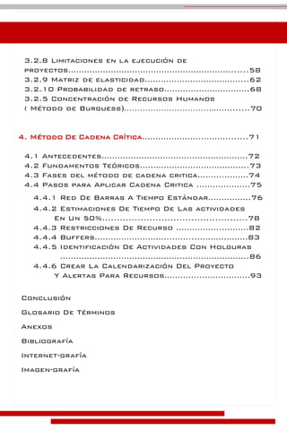 3.2.8 Limitaciones en la ejecución de
proyectos………………………………………………….…......58
3.2.9 Matriz de elasticidad………………………………...62
3.2.10 Probabilidad de retraso………….……………….68
3.2.5 Concentración de Recursos Humanos
( Método de Burguess)…………………………….…….......70
4. Método De Cadena Crítica…………………..……….......71
4.1 Antecedentes……………………………………………….72
4.2 Fundamentos Teóricos…………………………………..73
4.3 Fases del método de cadena critica……….………74
4.4 Pasos para Aplicar Cadena Critica .…….…………75
4.4.1 Red De Barras A Tiempo Estándar…………….76
4.4.2 Estimaciones De Tiempo De Las actividades
En Un 50%.................................................78
4.4.3 Restricciones De Recurso ……………..……….82
4.4.4 Buffers………………………..……...……………….83
4.4.5 Identificación De Actividades Con Holguras
……………………………………………………………..86
4.4.6 Crear La Calendarización Del Proyecto
Y Alertas Para Recursos…………..………………93
Conclusión
Glosario De Términos
Anexos
Bibliografía
Internet-grafía
Imagen-grafía
 