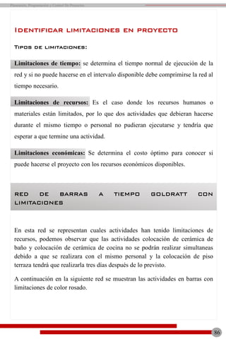 Identificar limitaciones en proyecto
Tipos de limitaciones:
Limitaciones de tiempo: se determina el tiempo normal de ejecución de la
red y si no puede hacerse en el intervalo disponible debe comprimirse la red al
tiempo necesario.
Limitaciones de recursos: Es el caso donde los recursos humanos o
materiales están limitados, por lo que dos actividades que debieran hacerse
durante el mismo tiempo o personal no pudieran ejecutarse y tendría que
esperar a que termine una actividad.
Limitaciones económicas: Se determina el costo óptimo para conocer si
puede hacerse el proyecto con los recursos económicos disponibles.
86
Planeación, Programación y Control De Proyectos
RED DE BARRAS A TIEMPO GOLDRATT CON
LIMITACIONES
En esta red se representan cuales actividades han tenido limitaciones de
recursos, podemos observar que las actividades colocación de cerámica de
baño y colocación de cerámica de cocina no se podrán realizar simultaneas
debido a que se realizara con el mismo personal y la colocación de piso
terraza tendrá que realizarla tres días después de lo previsto.
A continuación en la siguiente red se muestran las actividades en barras con
limitaciones de color rosado.
 