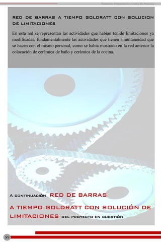 89
Planeación, Programación y Control De Proyectos
A continuación RED DE BARRAS
A TIEMPO GOLDRATT CON SOLUCIÓN DE
LIMITACIONES del proyecto en cuestión
RED DE BARRAS A TIEMPO GOLDRATT CON SOLUCION
DE LIMITACIONES
En esta red se representan las actividades que habían tenido limitaciones ya
modificadas, fundamentalmente las actividades que tienen simultaneidad que
se hacen con el mismo personal, como se había mostrado en la red anterior la
colocación de cerámica de baño y cerámica de la cocina.
 