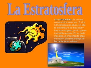 La Estratosfera La estratosfera.  Es la capa comprendida entre los 12 y los 50 kilómetros de altura. En ella, la temperatura es muy baja y hay poco oxígeno, por lo que es imposible respirar. En su parte más alta se encuentra la capa de ozono, que nos protege de las radiaciones solares. 