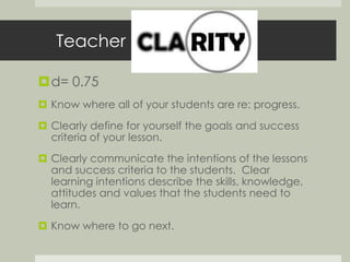 Teacher 
d= 0.75 
 Know where all of your students are re: progress. 
 Clearly define for yourself the goals and success 
criteria of your lesson. 
 Clearly communicate the intentions of the lessons 
and success criteria to the students. Clear 
learning intentions describe the skills, knowledge, 
attitudes and values that the students need to 
learn. 
 Know where to go next. 
 