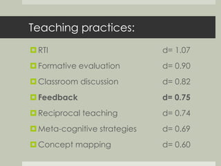 Teaching practices: 
 RTI d= 1.07 
 Formative evaluation d= 0.90 
 Classroom discussion d= 0.82 
Feedback d= 0.75 
 Reciprocal teaching d= 0.74 
Meta-cognitive strategies d= 0.69 
Concept mapping d= 0.60 
 