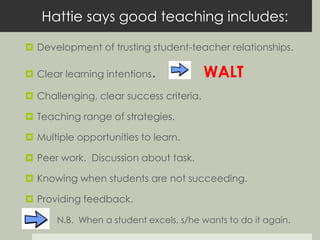 Hattie says good teaching includes: 
 Development of trusting student-teacher relationships. 
 Clear learning intentions. WALT 
 Challenging, clear success criteria. 
 Teaching range of strategies. 
 Multiple opportunities to learn. 
 Peer work. Discussion about task. 
 Knowing when students are not succeeding. 
 Providing feedback. 
N.B. When a student excels, s/he wants to do it again. 
 