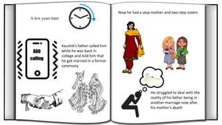 Now he had a step mother and two step sisters
DAD
calling
Kaushik’s father called him
while he was back in
college and told him that
he got married in a formal
ceremony
A few years later
He struggled to deal with the
reality of his father being in
another marriage now after
his mother’s death
 