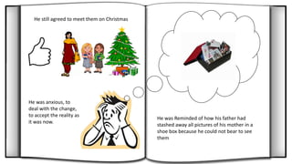 He still agreed to meet them on Christmas
He was anxious, to
deal with the change,
to accept the reality as
it was now.
He was Reminded of how his father had
stashed away all pictures of his mother in a
shoe box because he could not bear to see
them
 