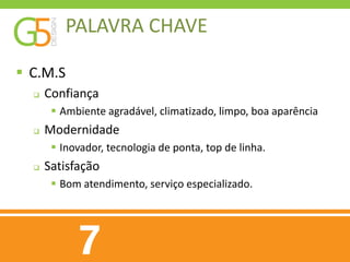 PALAVRA CHAVE

 C.M.S
     Confiança
        Ambiente agradável, climatizado, limpo, boa aparência
     Modernidade
        Inovador, tecnologia de ponta, top de linha.
     Satisfação
        Bom atendimento, serviço especializado.
 