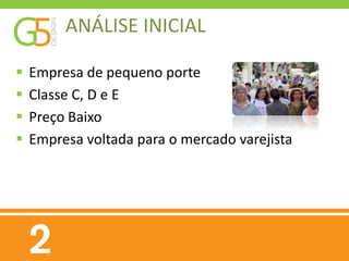 ANÁLISE INICIAL

   Empresa de pequeno porte
   Classe C, D e E
   Preço Baixo
   Empresa voltada para o mercado varejista
 