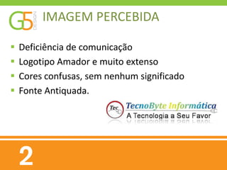 IMAGEM PERCEBIDA

   Deficiência de comunicação
   Logotipo Amador e muito extenso
   Cores confusas, sem nenhum significado
   Fonte Antiquada.
 