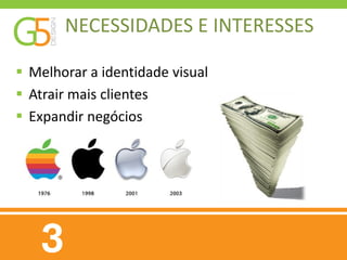 NECESSIDADES E INTERESSES

 Melhorar a identidade visual
 Atrair mais clientes
 Expandir negócios
 