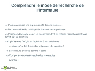 Comprendre le mode de recherche de
l’internaute
=> L’internaute saisi une expression clé dans le moteur….
=> Le « claire chazal » : anticiper la notoriété de l’expression
=> L’ambush d’actualité => ex. un evenement dont les médias parlent ou dont vous
savez qu’il va avoir lieu
=> Il pense que Google va répondre à ses questions....
•… alors qu’en fait il cherche uniquement la question !
=> L’internaute cherche comme il parle
=> Comportement de recherche des internautes
•À l’inﬁni !
 