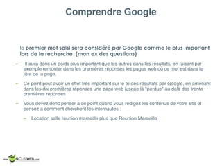 Comprendre Google
le premier mot saisi sera considéré par Google comme le plus important
lors de la recherche (mon ex des questions)
– Il aura donc un poids plus important que les autres dans les résultats, en faisant par
exemple remonter dans les premières réponses les pages web où ce mot est dans le
titre de la page.
– Ce point peut avoir un effet très important sur le tri des résultats par Google, en amenant
dans les dix premières réponses une page web jusque là "perdue" au delà des trente
premières réponses
– Vous devez donc penser a ce point quand vous rédigez les contenus de votre site et
pensez a comment cherchent les internautes :
– Location salle réunion marseille plus que Reunion Marseille
 