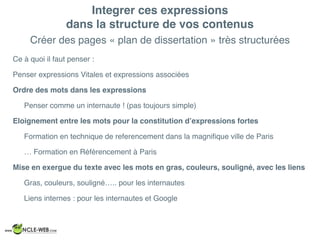 Créer des pages « plan de dissertation » très structurées
Ce à quoi il faut penser :
Penser expressions Vitales et expressions associées
Ordre des mots dans les expressions
Penser comme un internaute ! (pas toujours simple)
Eloignement entre les mots pour la constitution d’expressions fortes
Formation en technique de referencement dans la magniﬁque ville de Paris
… Formation en Référencement à Paris
Mise en exergue du texte avec les mots en gras, couleurs, souligné, avec les liens
Gras, couleurs, souligné….. pour les internautes
Liens internes : pour les internautes et Google
Integrer ces expressions
dans la structure de vos contenus
 