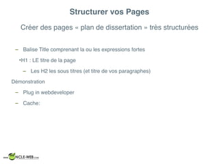 Créer des pages « plan de dissertation » très structurées
Structurer vos Pages
– Balise Title comprenant la ou les expressions fortes
•H1 : LE titre de la page
– Les H2 les sous titres (et titre de vos paragraphes)
Démonstration
– Plug in webdeveloper
– Cache:
 