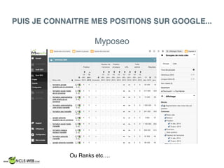 PUIS JE CONNAITRE MES POSITIONS SUR GOOGLE...
Myposeo
Ou Ranks etc….
 