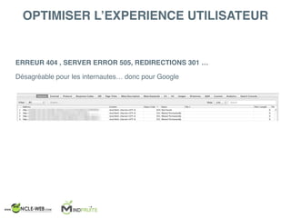 OPTIMISER L’EXPERIENCE UTILISATEUR
ERREUR 404 , SERVER ERROR 505, REDIRECTIONS 301 …
Désagréable pour les internautes… donc pour Google
 