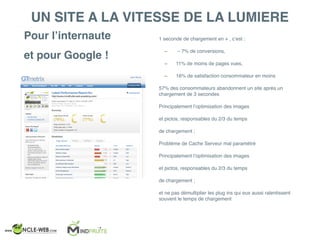 UN SITE A LA VITESSE DE LA LUMIERE
Pour l’internaute
et pour Google !
1 seconde de chargement en + , c’est :
– – 7% de conversions,
– 11% de moins de pages vues,
– 16% de satisfaction consommateur en moins
57% des consommateurs abandonnent un site après un
chargement de 3 secondes
Principalement l’optimisation des images
et pictos, responsables du 2/3 du temps
de chargement ;
Problème de Cache Serveur mal paramétré
Principalement l’optimisation des images
et pictos, responsables du 2/3 du temps
de chargement ;
et ne pas démultiplier les plug ins qui eux aussi ralentissent
souvent le temps de chargement
 
