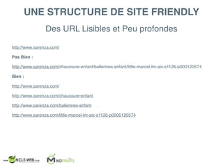 Des URL Lisibles et Peu profondes
UNE STRUCTURE DE SITE FRIENDLY
http://www.sarenza.com/
Pas Bien :
http://www.sarenza.com/chaussure-enfant/ballerines-enfant/little-marcel-lm-aix-s1126-p000120574
Bien :
http://www.sarenza.com/
http://www.sarenza.com/chaussure-enfant
http://www.sarenza.com/ballerines-enfant
http://www.sarenza.com/little-marcel-lm-aix-s1126-p0000120574
 