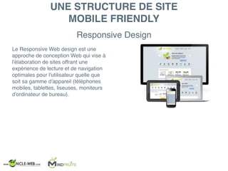 Responsive Design
UNE STRUCTURE DE SITE
MOBILE FRIENDLY
Le Responsive Web design est une
approche de conception Web qui vise à
l'élaboration de sites offrant une
expérience de lecture et de navigation
optimales pour l'utilisateur quelle que
soit sa gamme d'appareil (téléphones
mobiles, tablettes, liseuses, moniteurs
d'ordinateur de bureau).
 