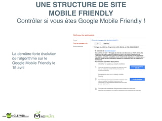 Contrôler si vous êtes Google Mobile Friendly !
La dernière forte évolution
de l’algorithme sur le
Google Mobile Friendly le
18 avril
UNE STRUCTURE DE SITE
MOBILE FRIENDLY
 