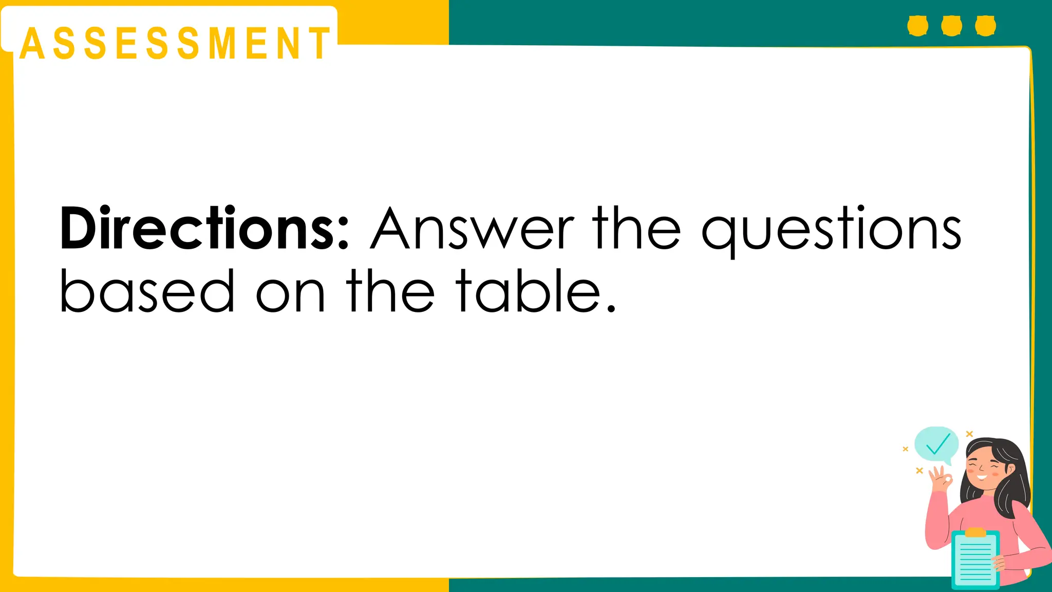 A S S E S S M E N T
Directions: Answer the questions
based on the table.
 