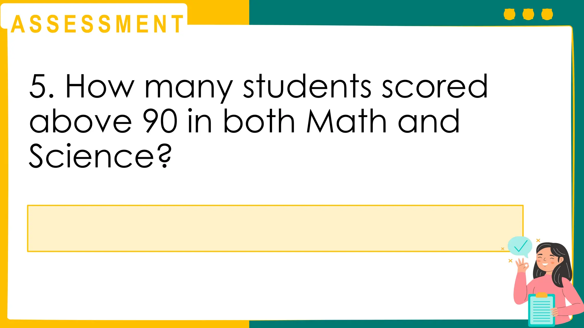 A S S E S S M E N T
5. How many students scored
above 90 in both Math and
Science?
 