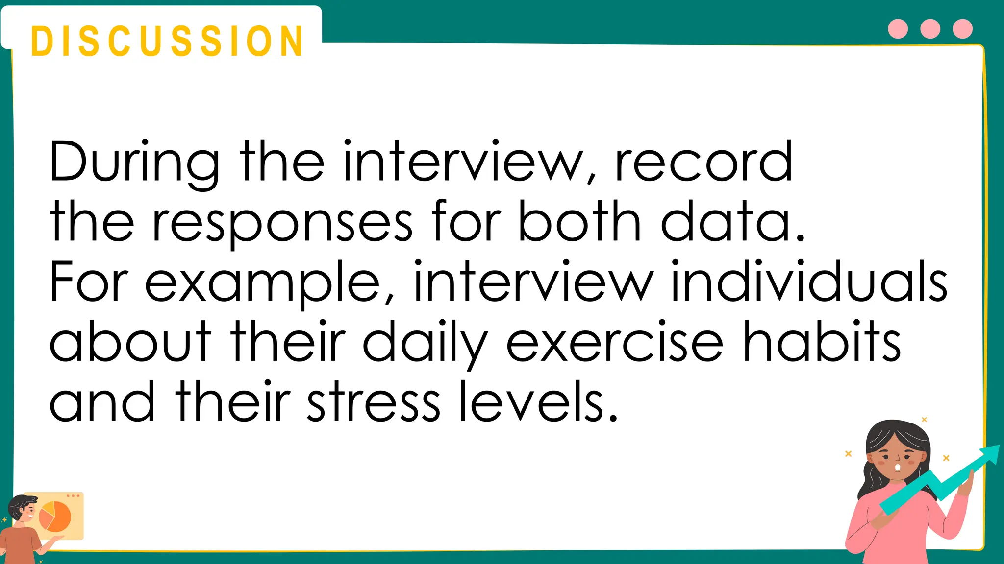 D I S C U S S I O N
During the interview, record
the responses for both data.
For example, interview individuals
about their daily exercise habits
and their stress levels.
 