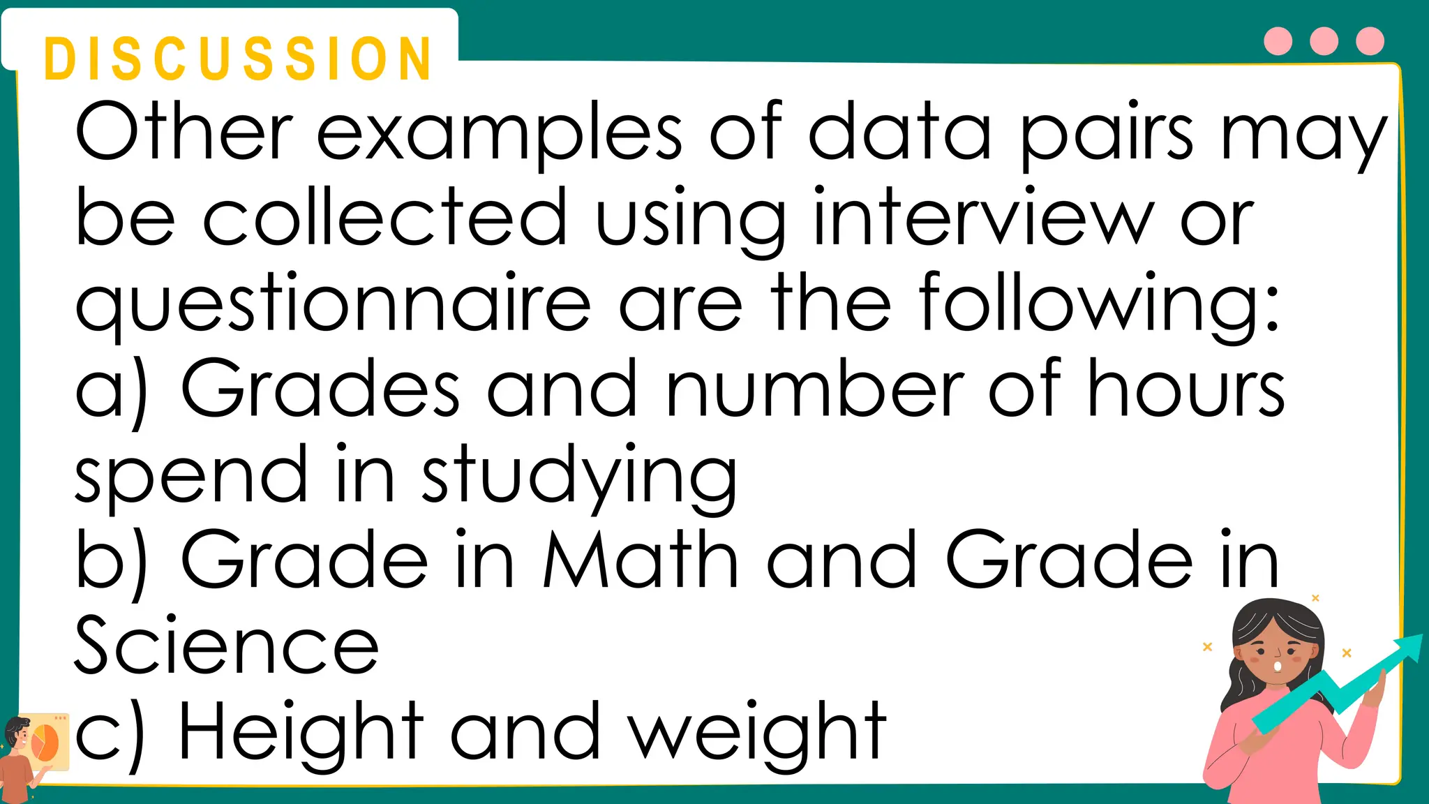 D I S C U S S I O N
Other examples of data pairs may
be collected using interview or
questionnaire are the following:
a) Grades and number of hours
spend in studying
b) Grade in Math and Grade in
Science
c) Height and weight
 