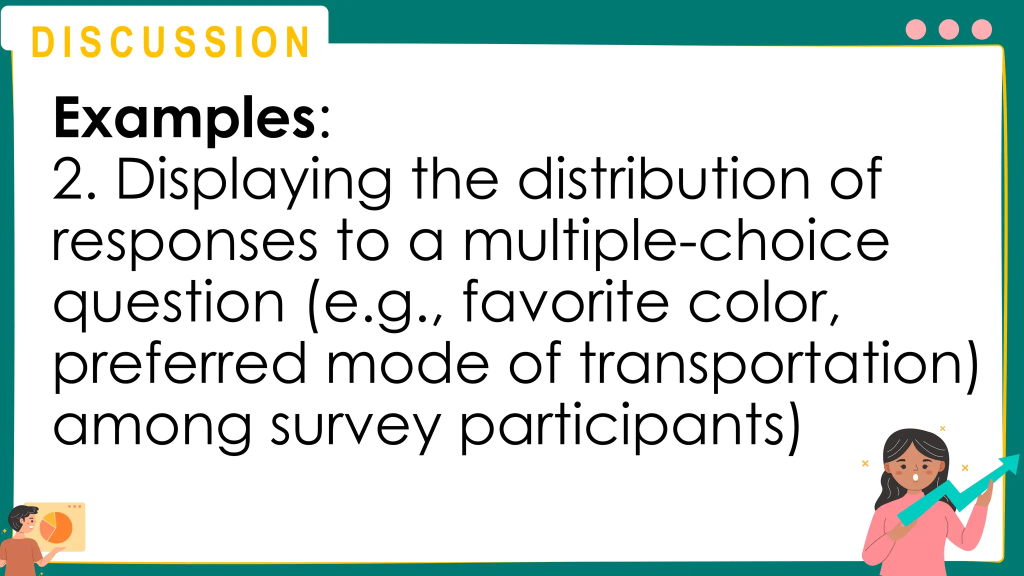 D I S C U S S I O N
Examples:
2. Displaying the distribution of
responses to a multiple-choice
question (e.g., favorite color,
preferred mode of transportation)
among survey participants)
 