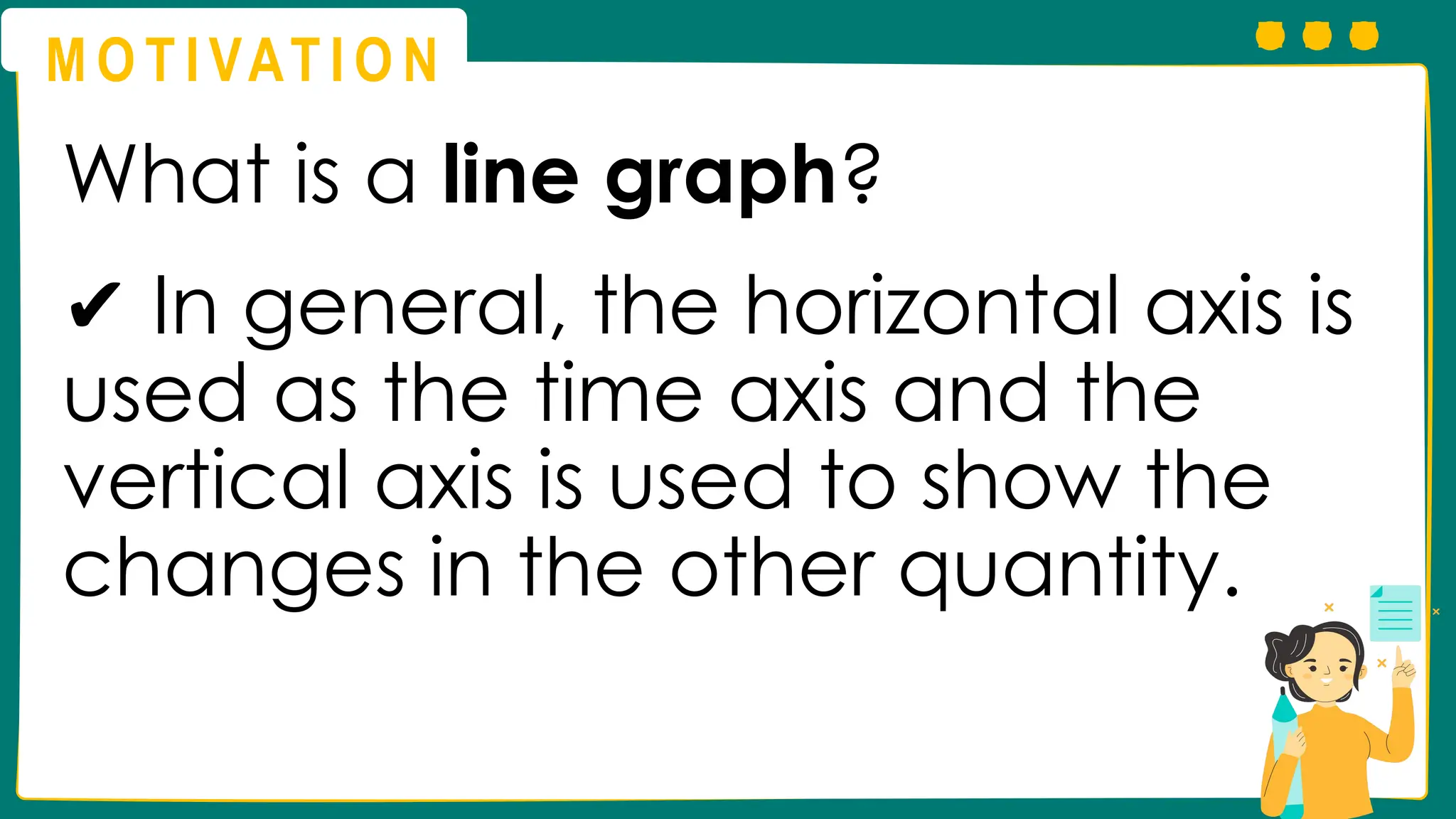 M O T I VAT I O N
What is a line graph?
✔ In general, the horizontal axis is
used as the time axis and the
vertical axis is used to show the
changes in the other quantity.
 