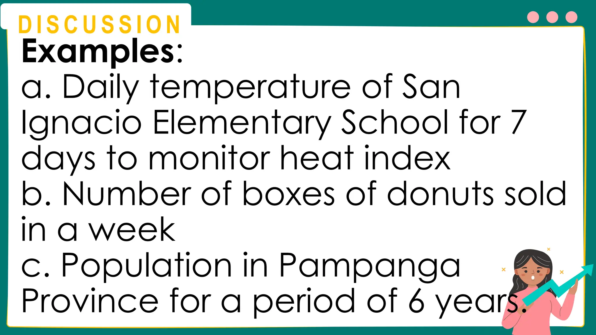 D I S C U S S I O N
Examples:
a. Daily temperature of San
Ignacio Elementary School for 7
days to monitor heat index
b. Number of boxes of donuts sold
in a week
c. Population in Pampanga
Province for a period of 6 years.
 
