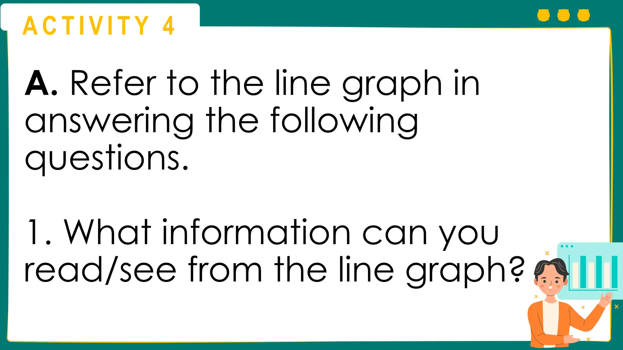 A C T I V I T Y 4
A. Refer to the line graph in
answering the following
questions.
1. What information can you
read/see from the line graph?
 