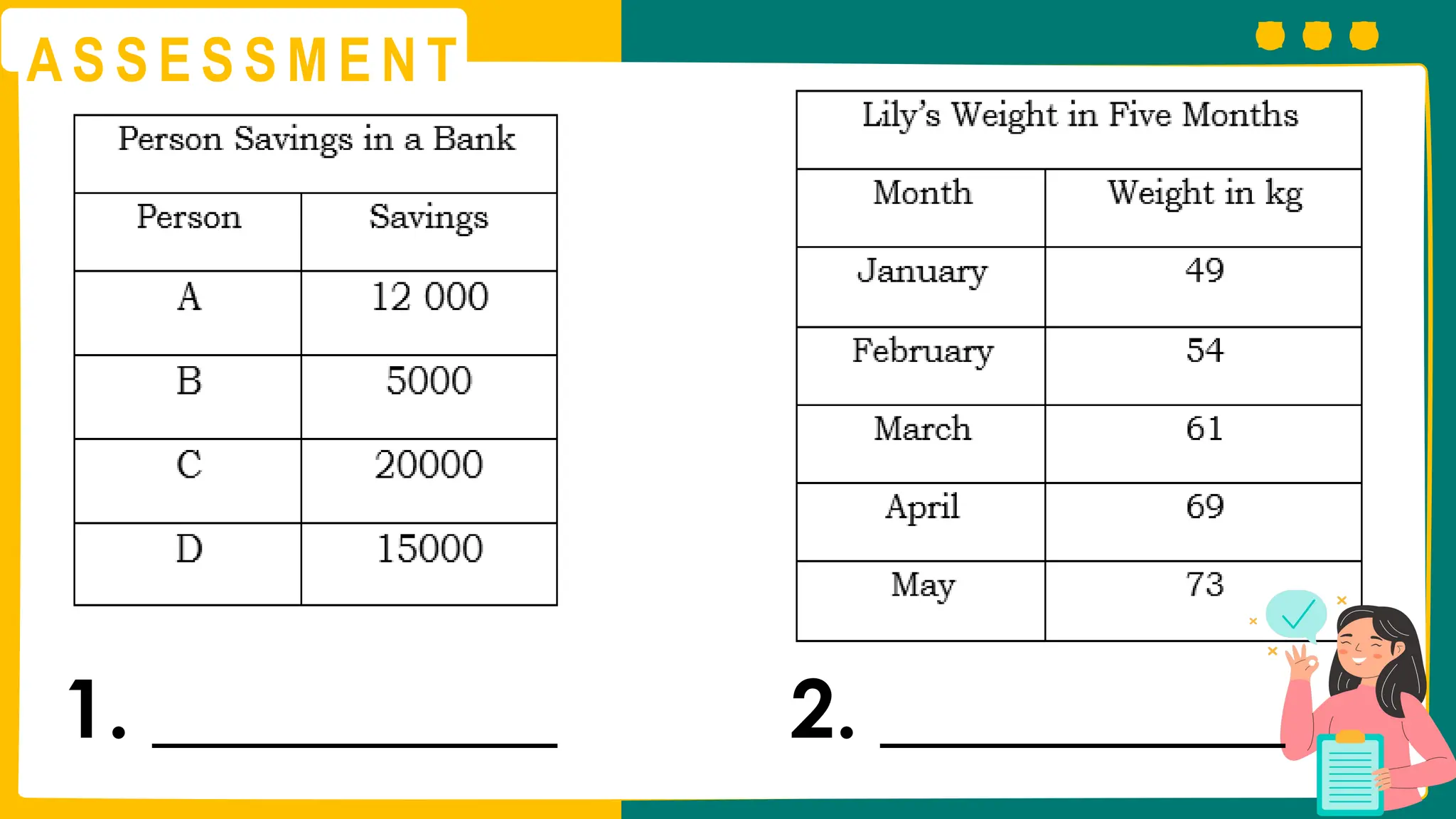 A S S E S S M E N T
1. __________ 2. __________
 