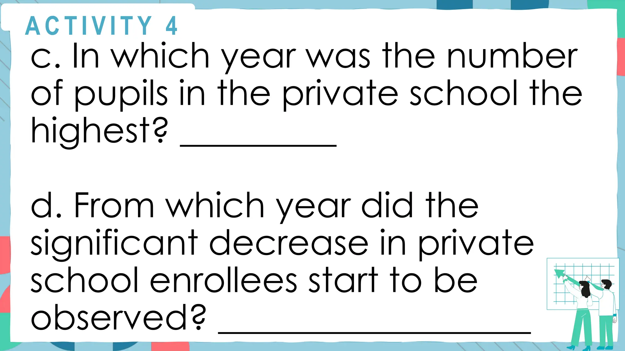 A C T I V I T Y 4
c. In which year was the number
of pupils in the private school the
highest? _________
d. From which year did the
significant decrease in private
school enrollees start to be
observed? __________________
 