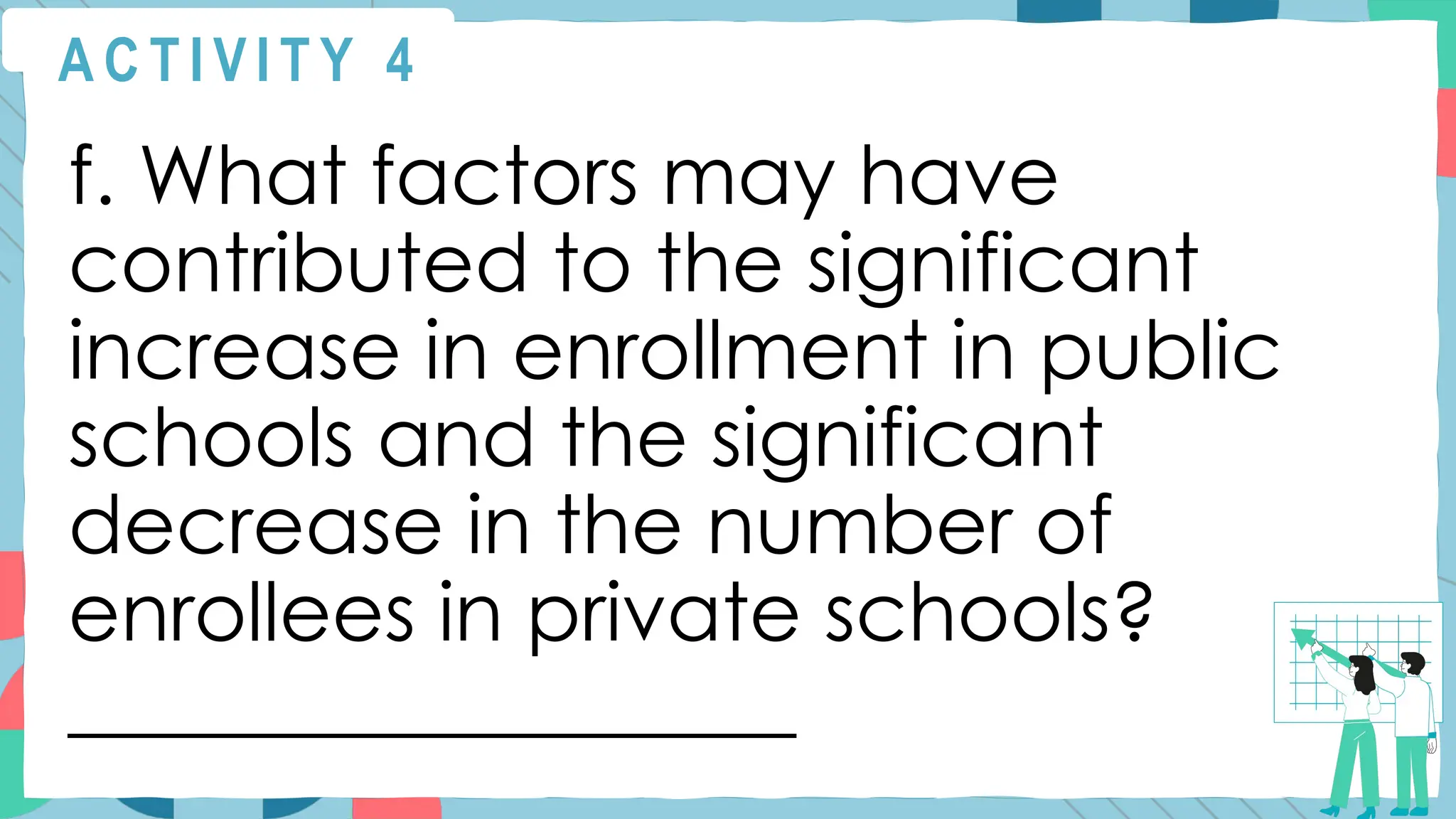 A C T I V I T Y 4
f. What factors may have
contributed to the significant
increase in enrollment in public
schools and the significant
decrease in the number of
enrollees in private schools?
__________________
 