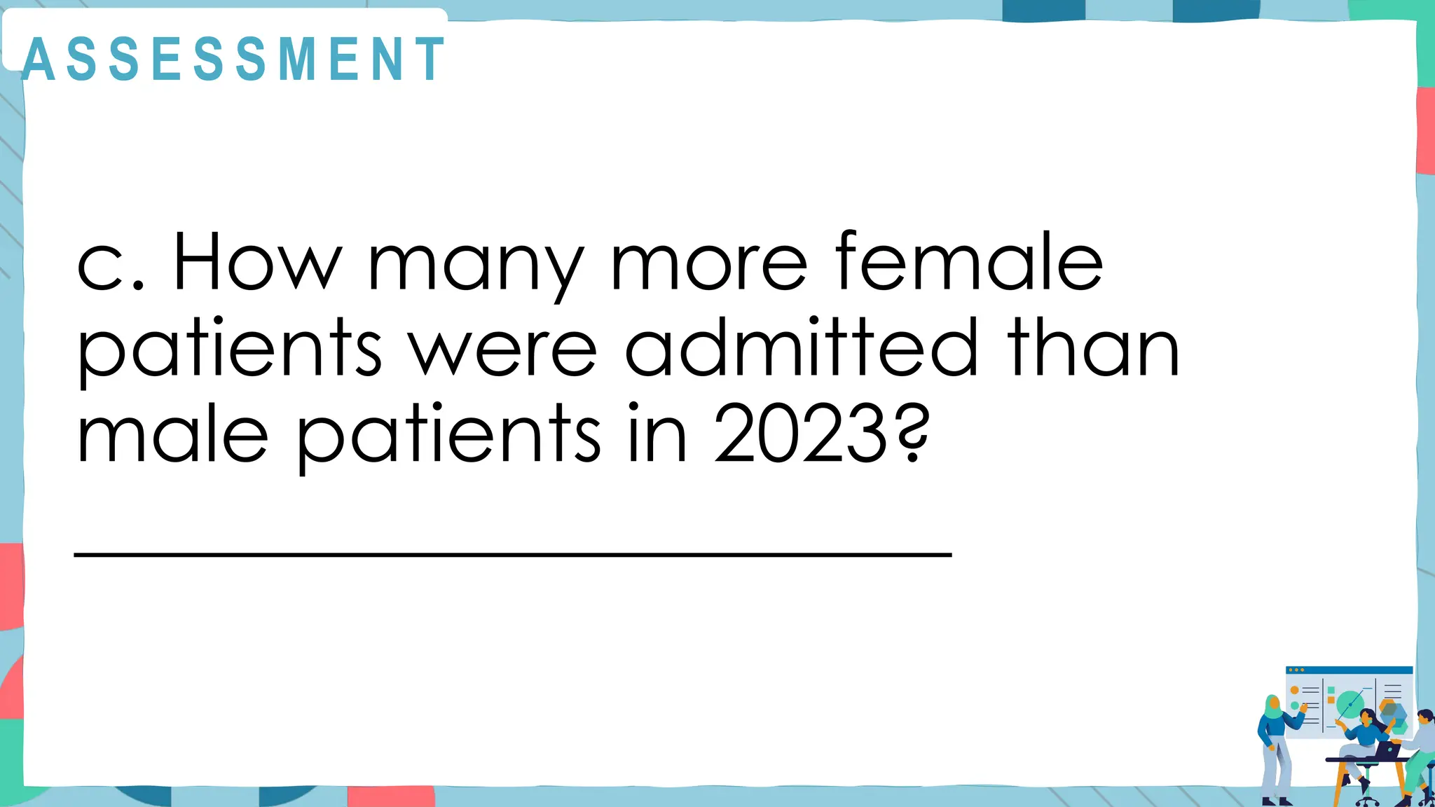 A S S E S S M E N T
c. How many more female
patients were admitted than
male patients in 2023?
______________________
 