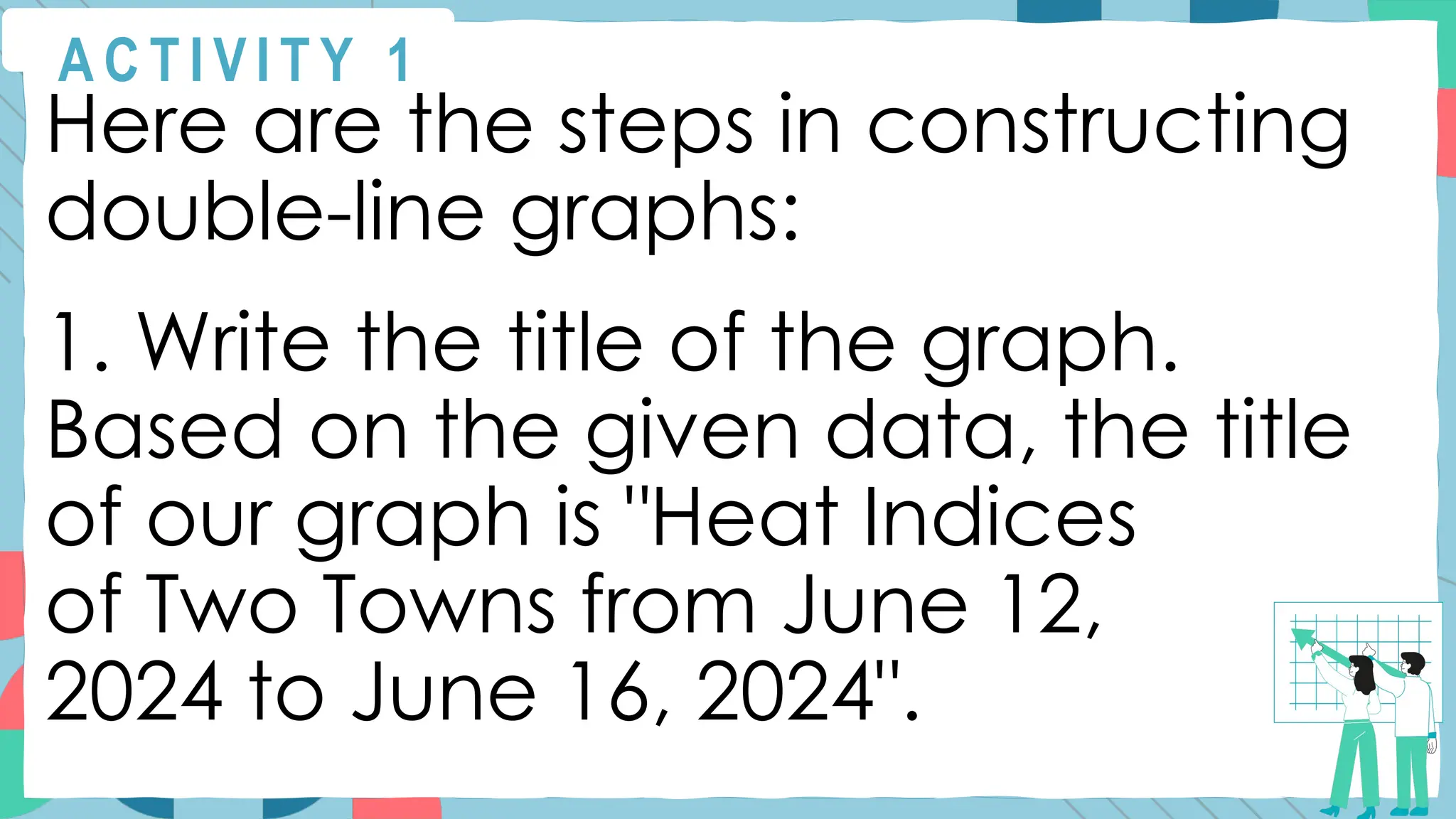 A C T I V I T Y 1
Here are the steps in constructing
double-line graphs:
1. Write the title of the graph.
Based on the given data, the title
of our graph is "Heat Indices
of Two Towns from June 12,
2024 to June 16, 2024".
 