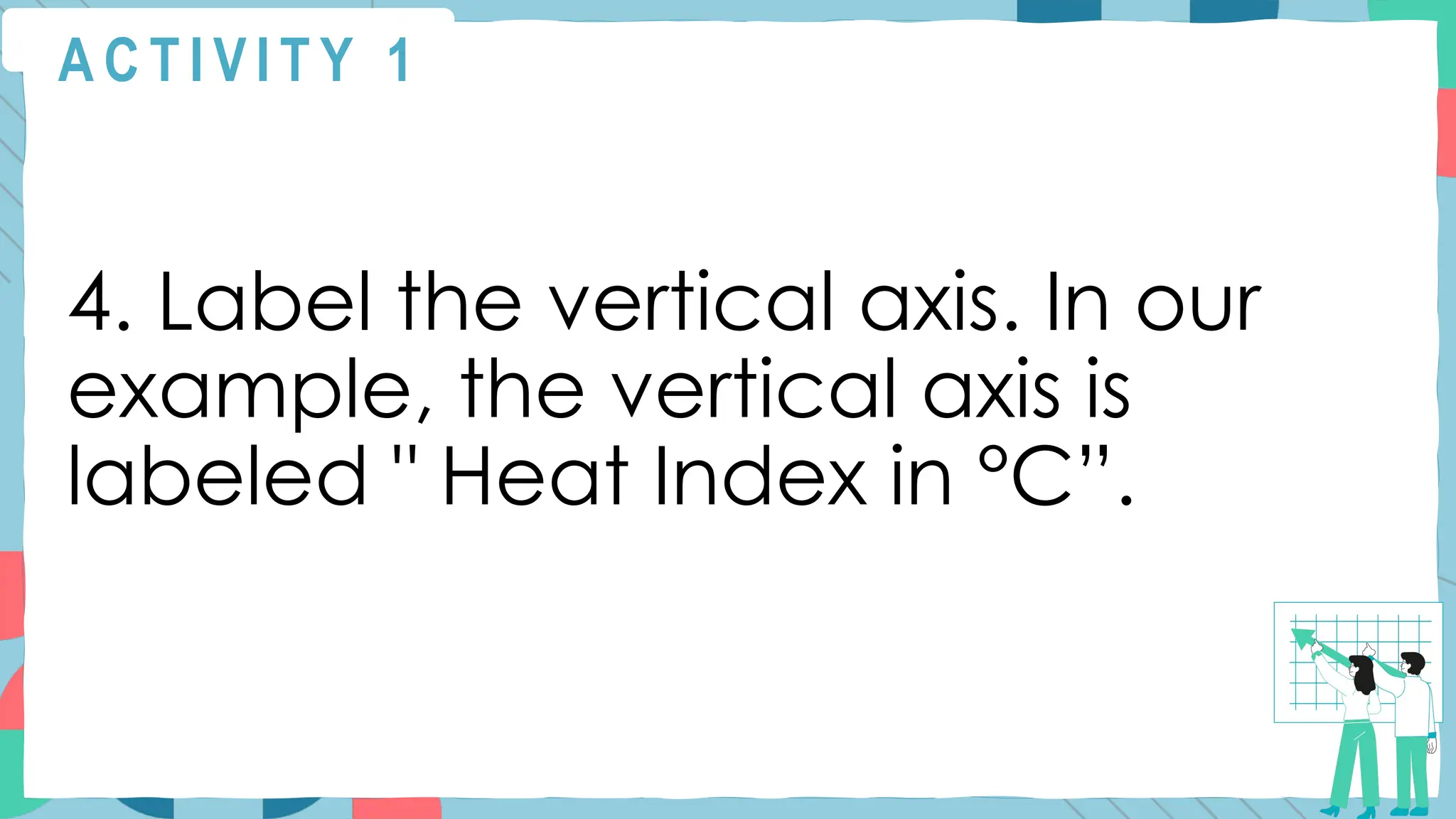 A C T I V I T Y 1
4. Label the vertical axis. In our
example, the vertical axis is
labeled " Heat Index in °C”.
 