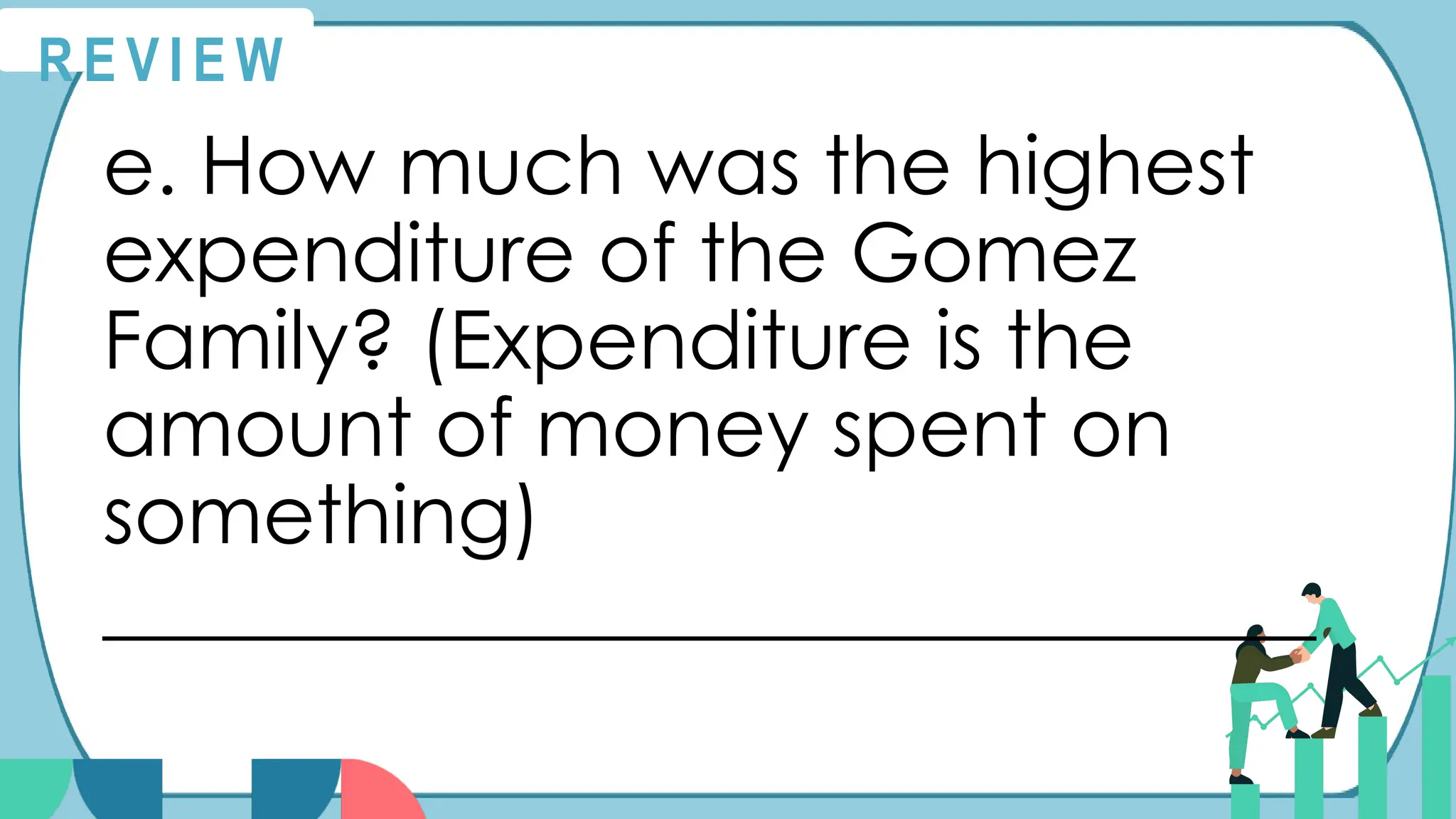 e. How much was the highest
expenditure of the Gomez
Family? (Expenditure is the
amount of money spent on
something)
______________________________
R E V I E W
 