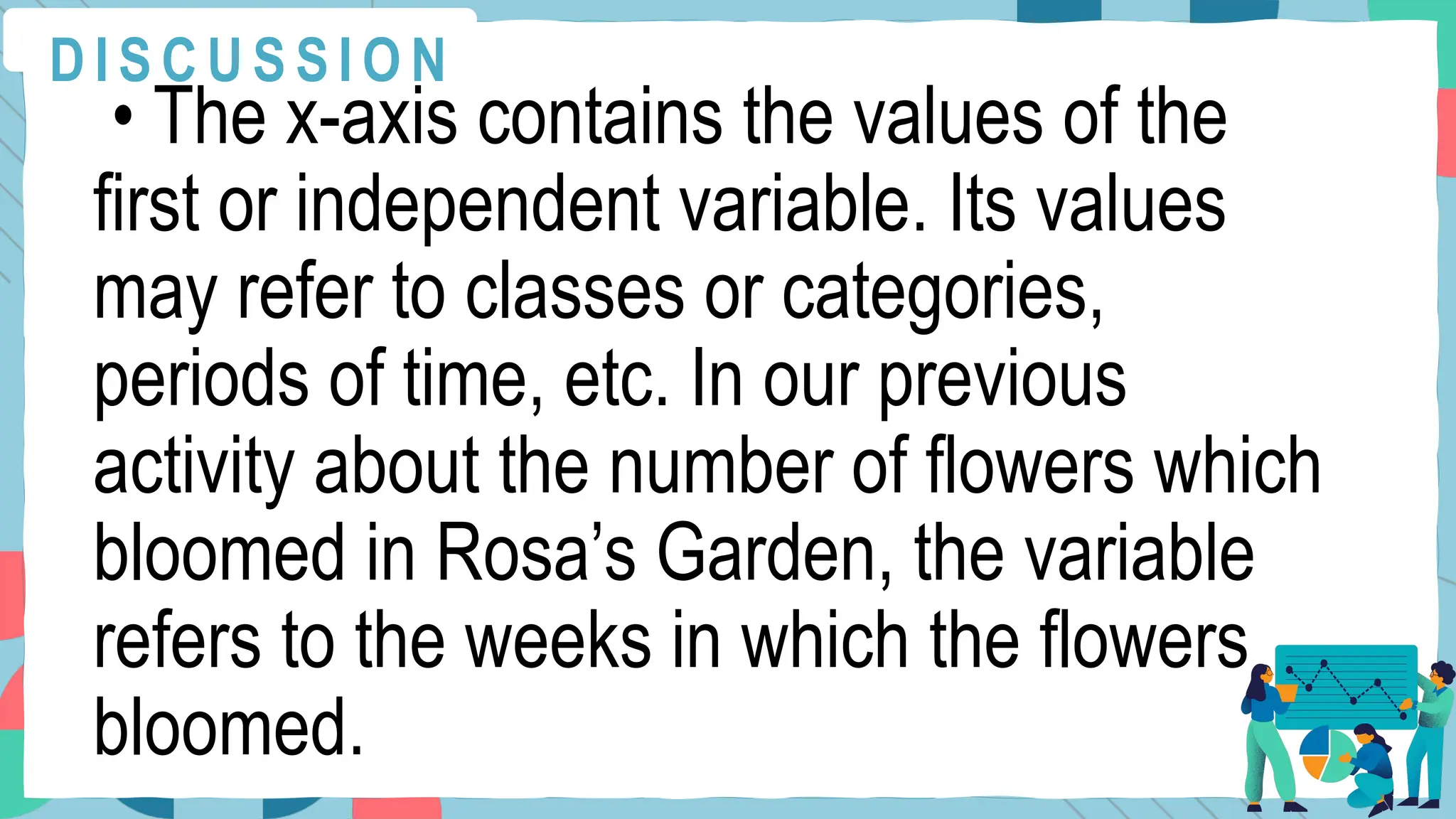 • The x-axis contains the values of the
first or independent variable. Its values
may refer to classes or categories,
periods of time, etc. In our previous
activity about the number of flowers which
bloomed in Rosa’s Garden, the variable
refers to the weeks in which the flowers
bloomed.
D I S C U S S I O N
 