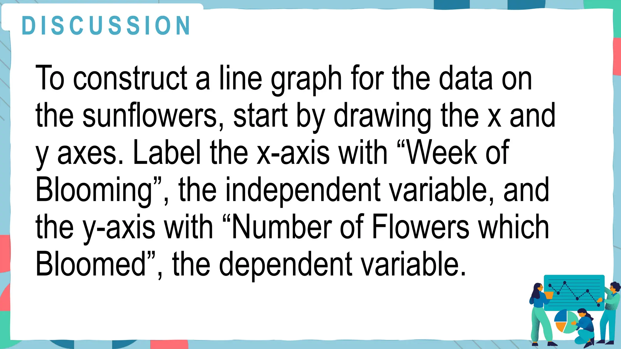 To construct a line graph for the data on
the sunflowers, start by drawing the x and
y axes. Label the x-axis with “Week of
Blooming”, the independent variable, and
the y-axis with “Number of Flowers which
Bloomed”, the dependent variable.
D I S C U S S I O N
 