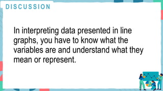 In interpreting data presented in line
graphs, you have to know what the
variables are and understand what they
mean or represent.
D I S C U S S I O N
 