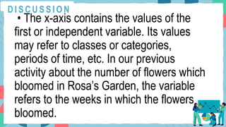 • The x-axis contains the values of the
first or independent variable. Its values
may refer to classes or categories,
periods of time, etc. In our previous
activity about the number of flowers which
bloomed in Rosa’s Garden, the variable
refers to the weeks in which the flowers
bloomed.
D I S C U S S I O N
 